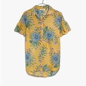 Madewell Ruffle-Sleeve Button-Down Shirt in Painted Blooms size XS Yellow​